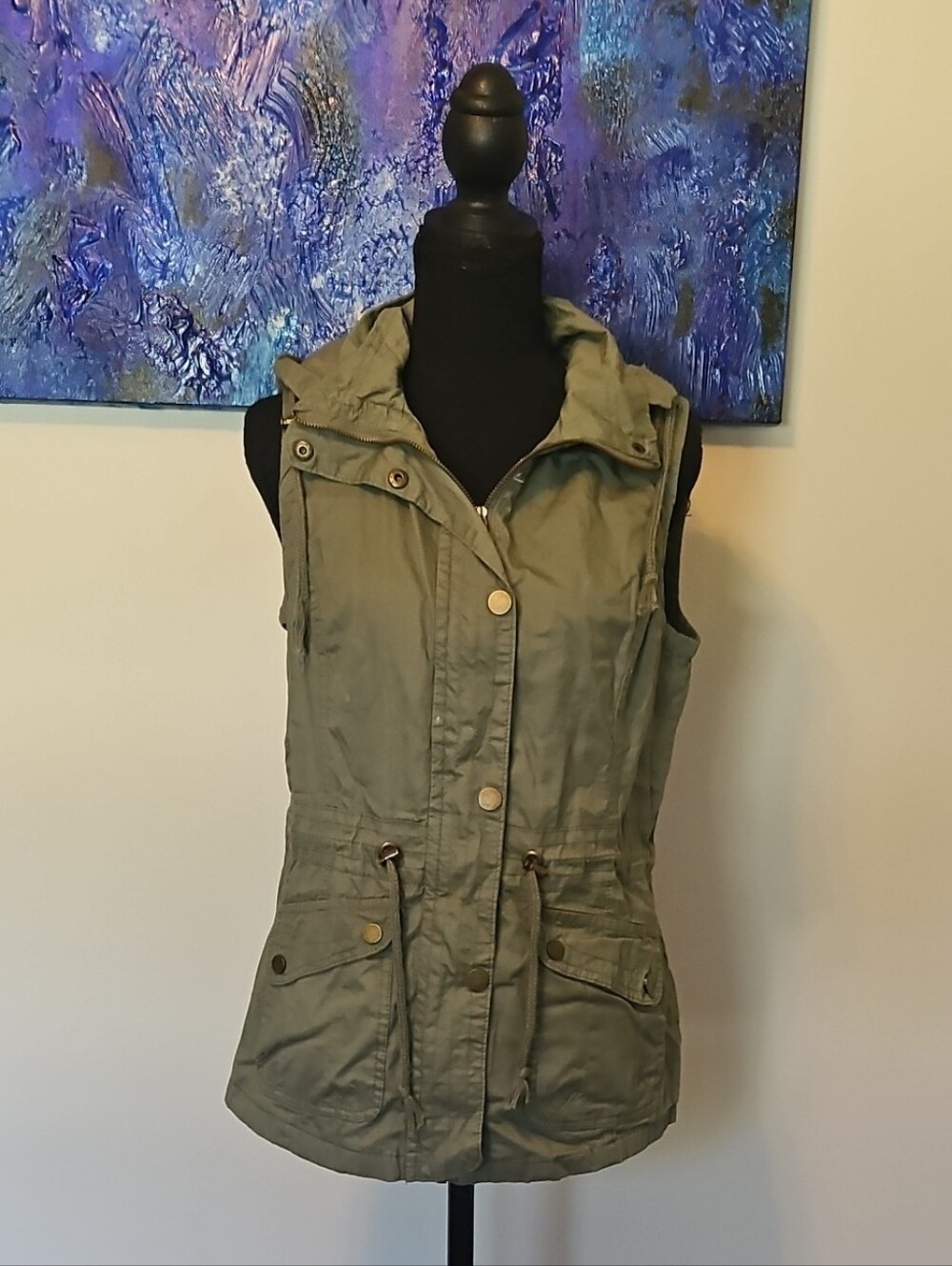 YMI Olive Green Sleeveless Utility Jacket with Hood